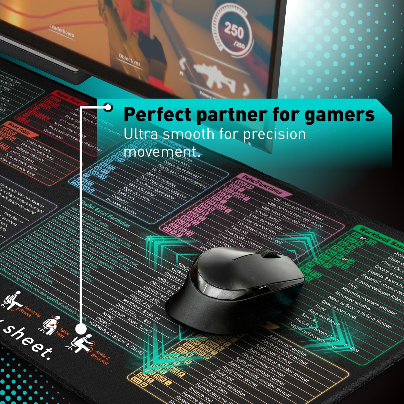 Pixiecube Excel Cheat Sheet Desk Pad | Excel Shortcut Keys Mouse Pad | Extended Large XL Gaming