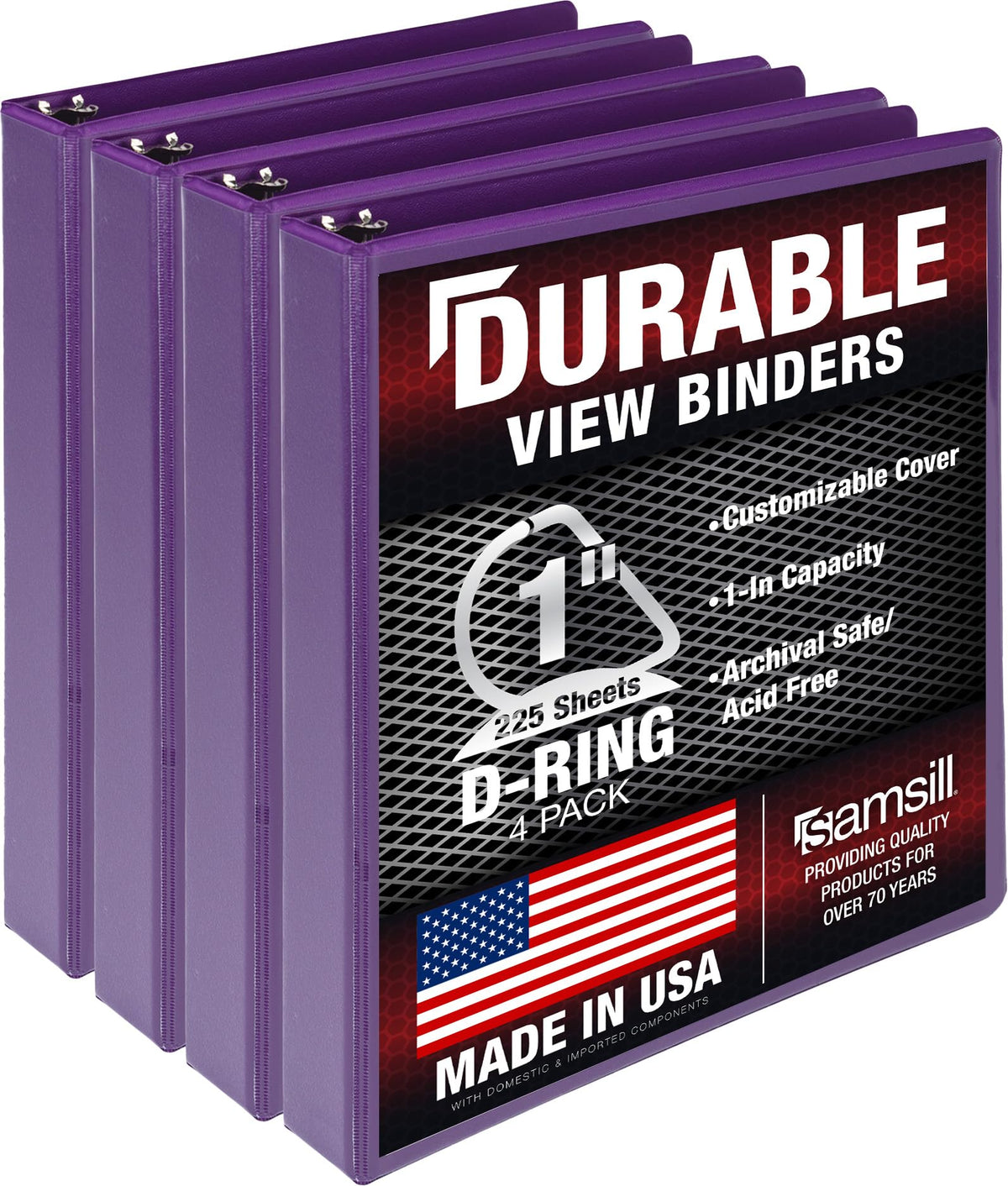 Samsill Durable 1 inch 3 Ring Binder, D Ring Binder, 100% Recycled Chipboard, Purple, 4 Pack