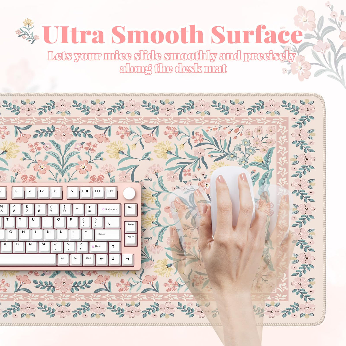 HAOCOO Large Desktop Pad for Keyboard Mouse, Non-Slip Floral Desk Mat(Pink)