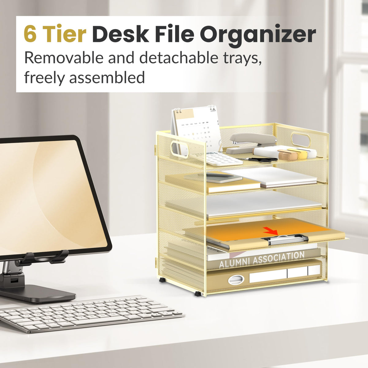 Daltack 6-Tier Paper Organizer for Desk with Handle, Gold, 2 Pack