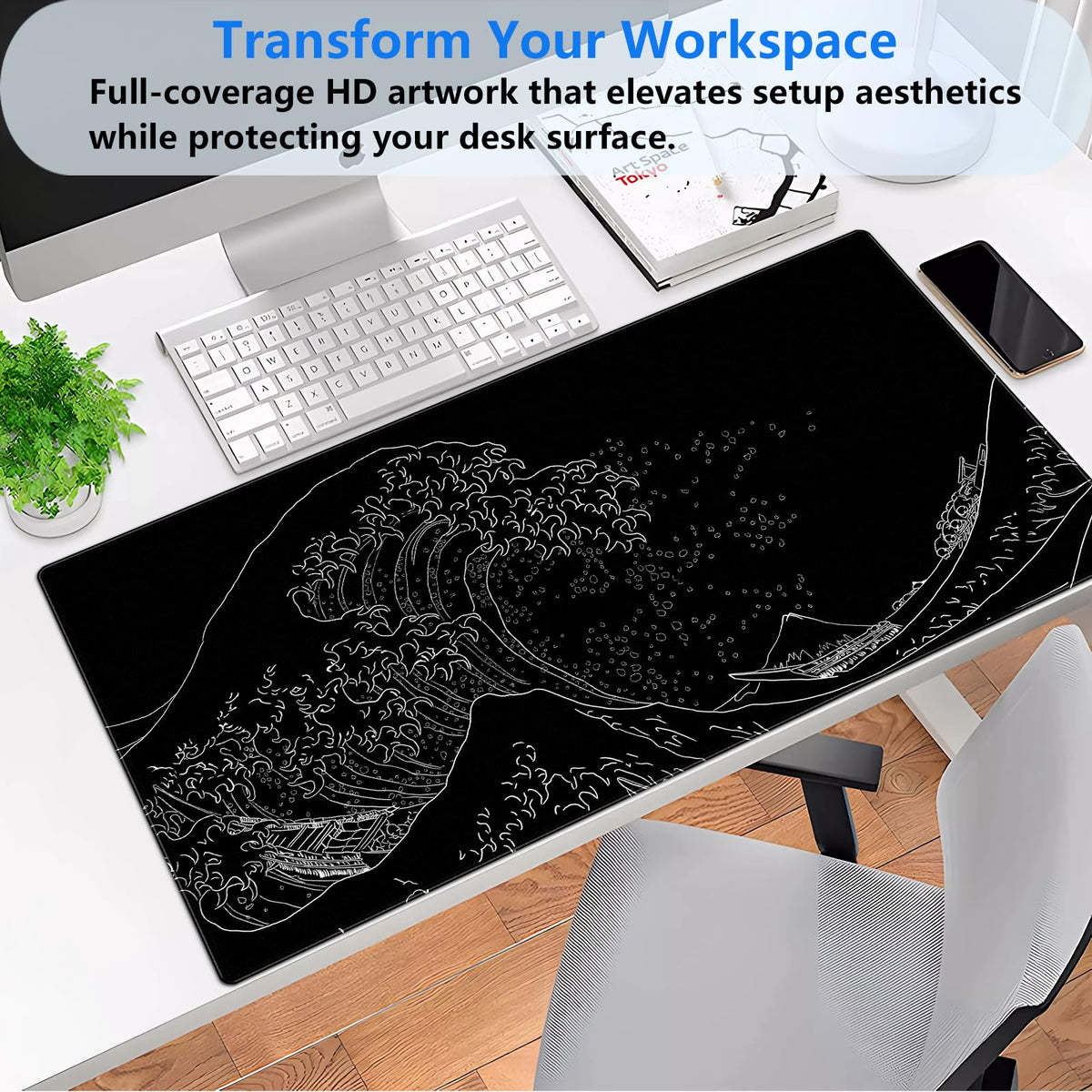Cindasun Great Wave Desk Mat, Black White Line Art Large Gaming Mousepad