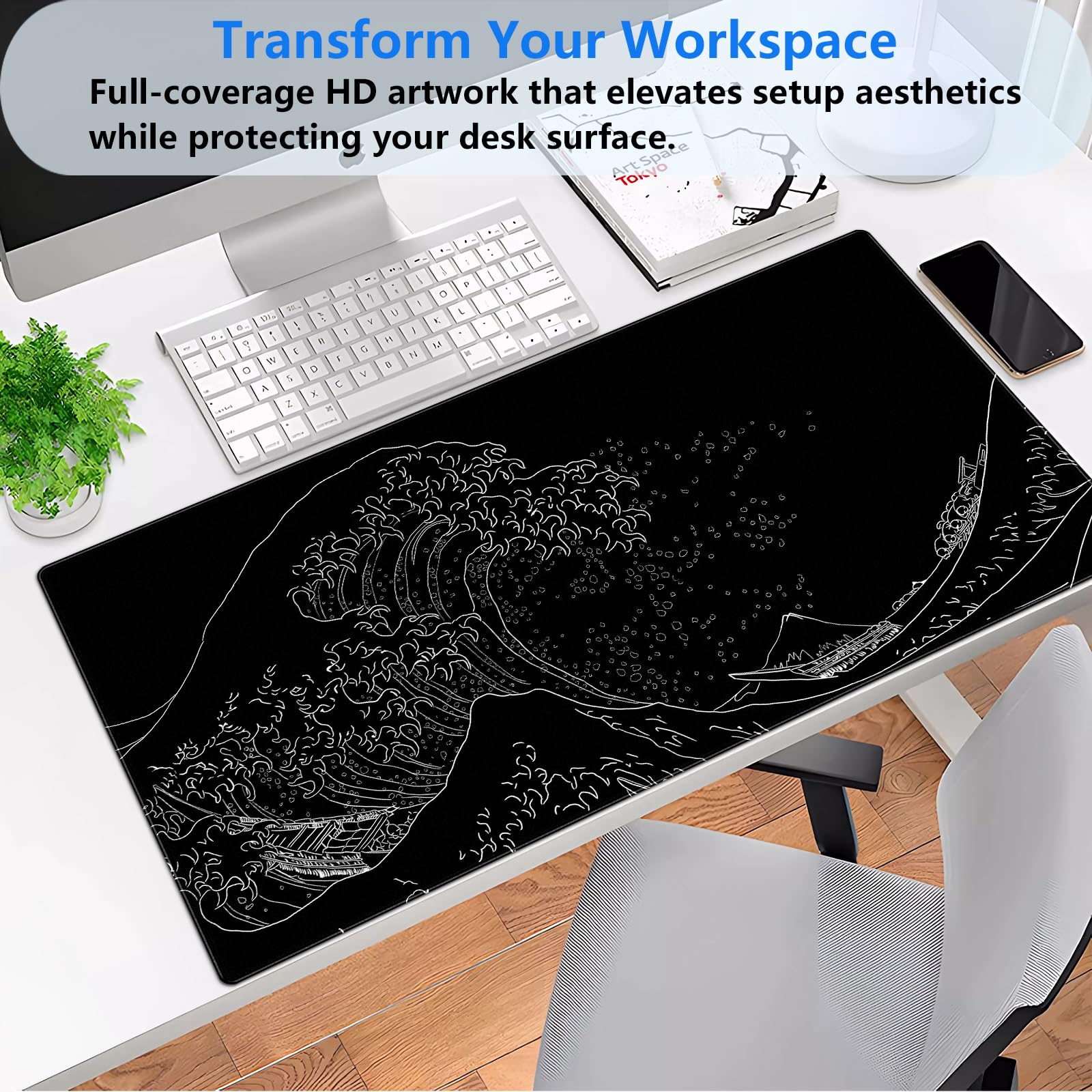 Cindasun Great Wave Desk Mat, Black White Line Art Large Gaming Mousepad