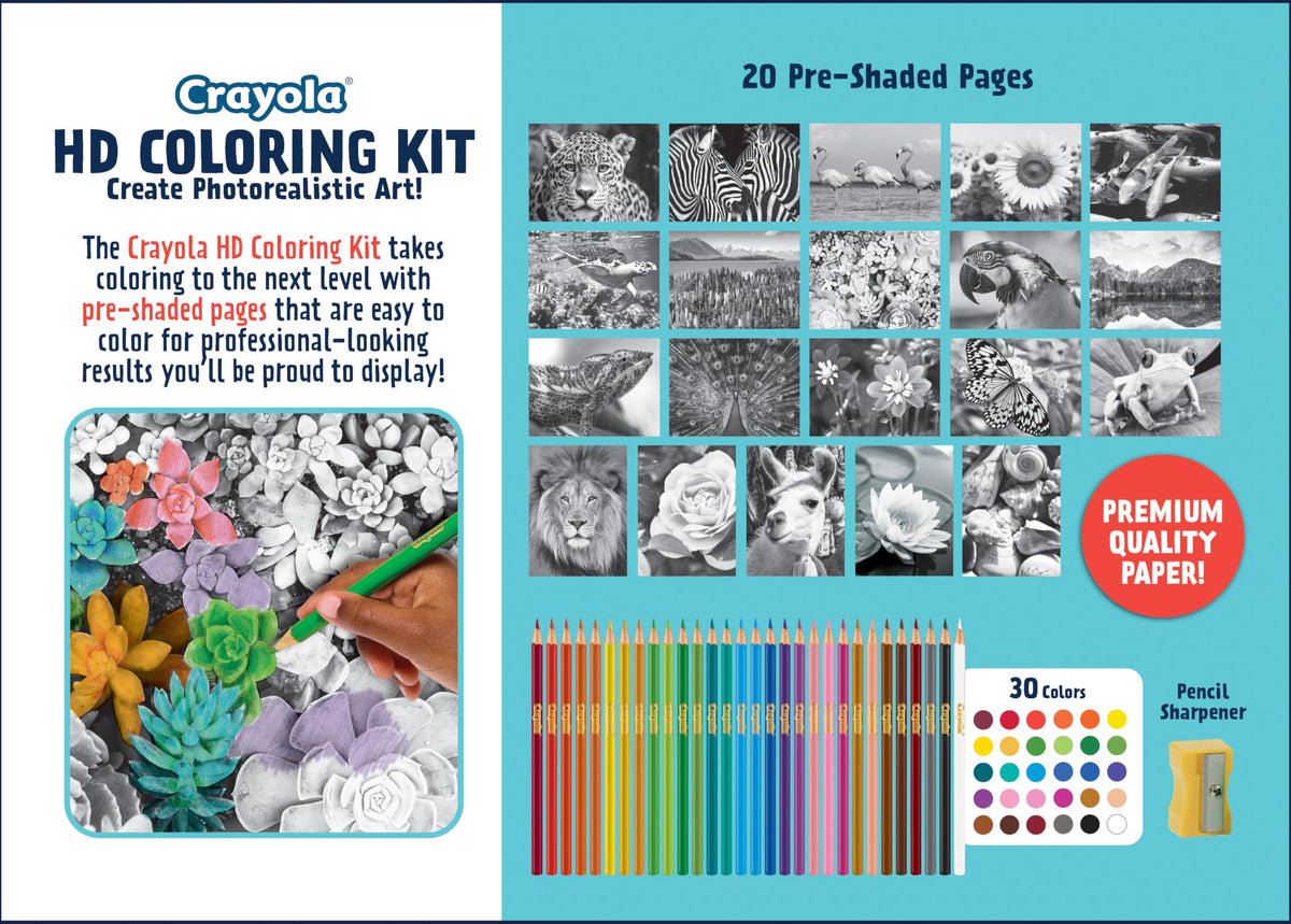 Crayola HD Coloring Kit, 30 Colored Pencils & 20 Adult Coloring Pages, Coloring Set for Adults &