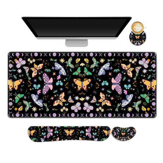 ARTSO Desk Mat Set, Black Butterfly Extended Gaming Mouse Pad with Wrist Rest Support +Keyboard