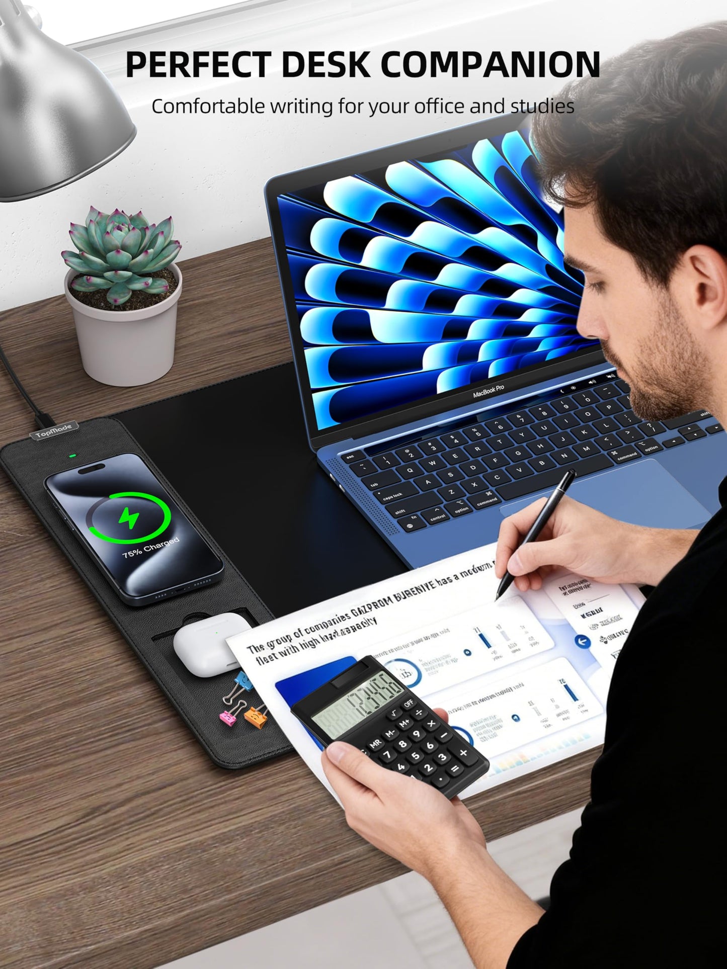 Mouse Pad with 15W Wireless Charging, Removable 8-Digit Solar Calculator