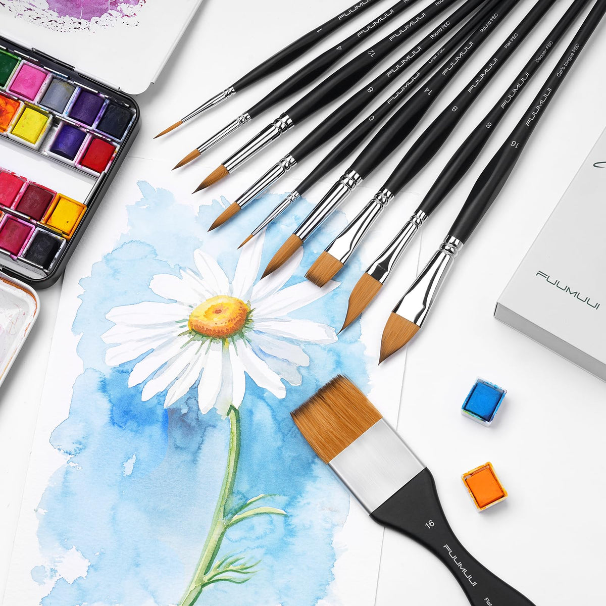 Fuumuui Watercolor Paint Brushes, Professional 10Pcs Synthetic Sable Water Color Brushes for Adult