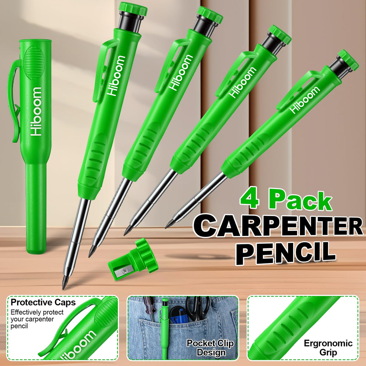 Hiboom 4 Pack Carpenter Pencil with 36 Refills Built In Sharpener (Green)