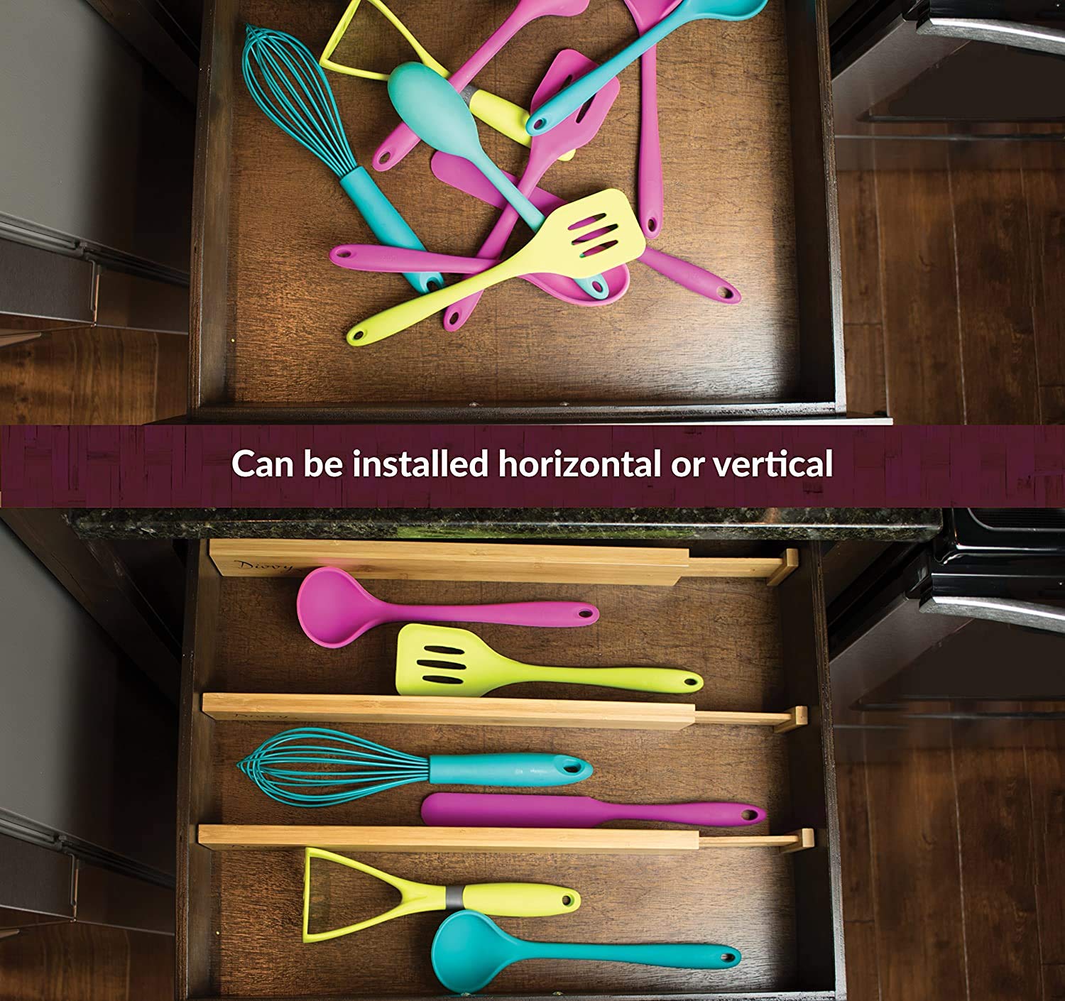 MEKBOK 4-pack Bamboo Kitchen Drawer Divider, Adjustable Drawer Storage, Spring loaded, Suitable for