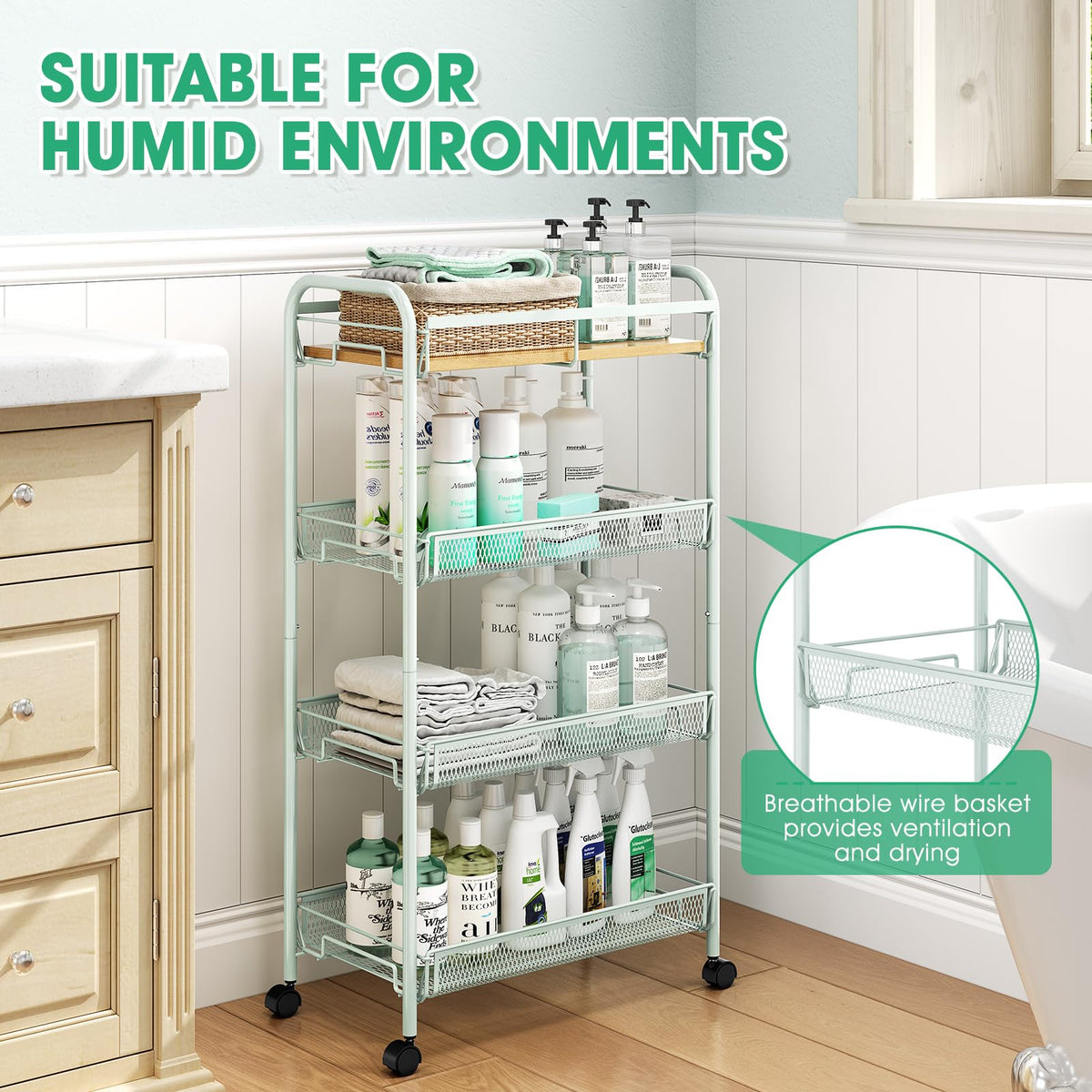 TOOLF 4-Tier Rolling Cart, Metal Utility Cart, Slide Out Storage Cart with Wooden Tabletop and Mesh
