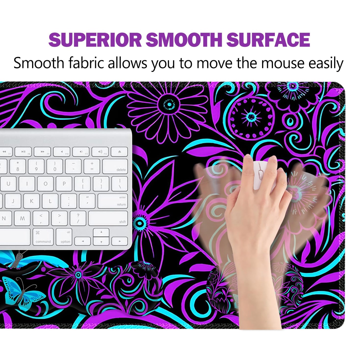 ARTSO Purple Desk Mat, Large Gaming Mouse Pad with Wrist Rest, Flower Butterfly XXL