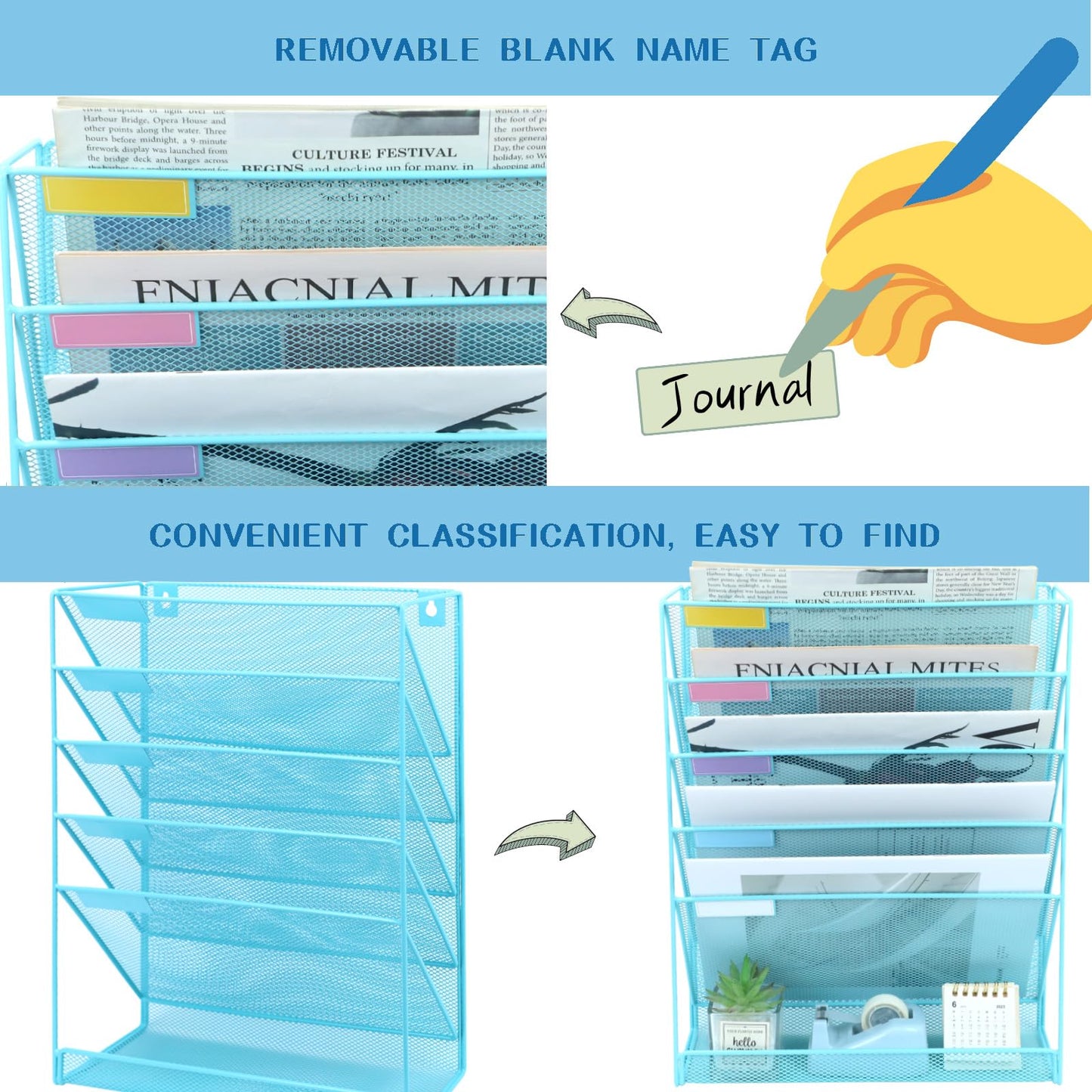 ideallife 5 Pockets Mesh Wall File Holder Organizer with Bottom Flat Tray, Office Hanging File
