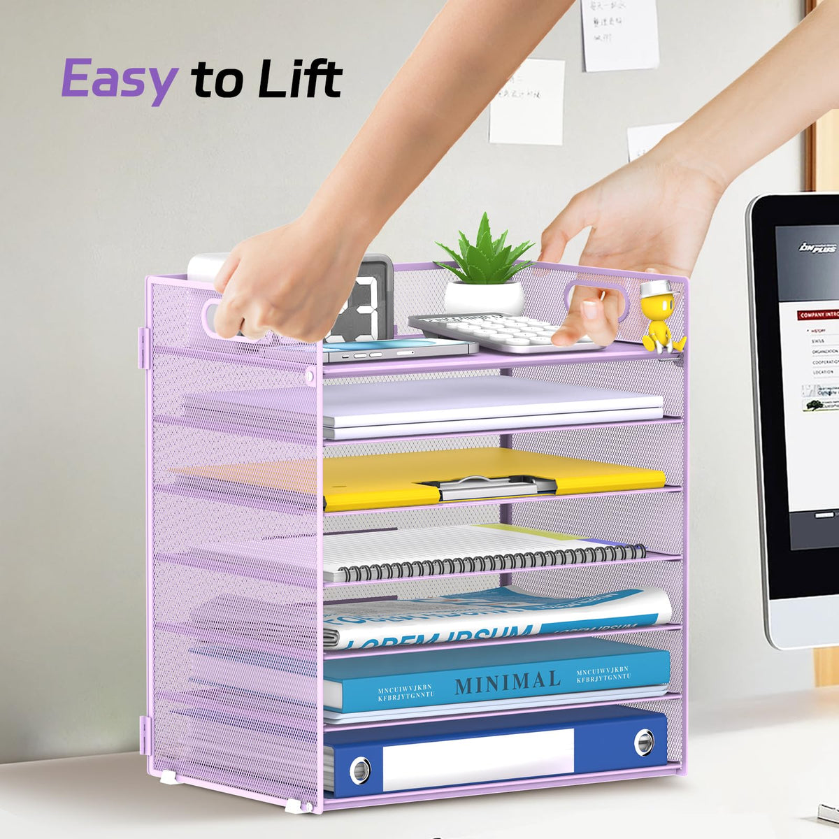 7 Tier Paper Organizer for Desk with Mesh Letter Trays and Handle Purple