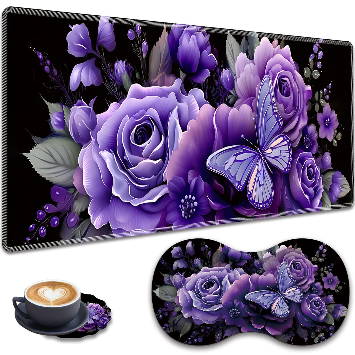 3-Piece Butterfly and Purple Flowers Mouse Pad Set, Including Wrist Support Pad and Cup Holder