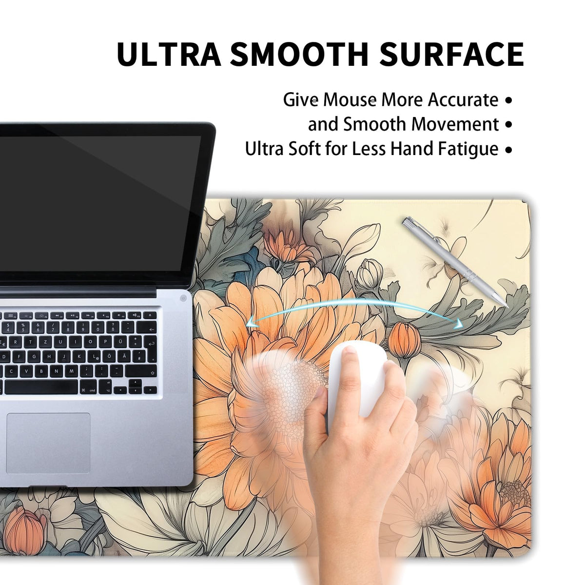 Minimalist Floral Gaming Mouse Pad XL White Orange Aesthetic Flowers Japanese Extended Large Mat