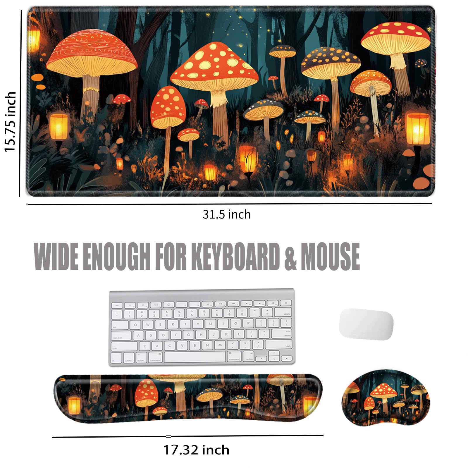 Mushroom Mouse Pad and Keyboard Wrist Rest Japanese Desk Mat Set Gaming Mousepad with Wrist Support