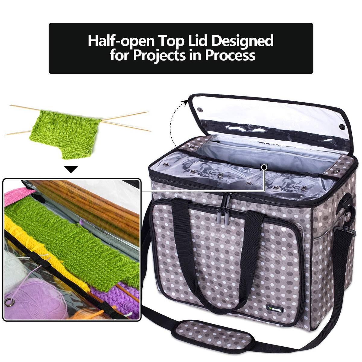 Teamoy Knitting Bag, Yarn Storage Organizer Crochet Bag Tote, Gray Dots