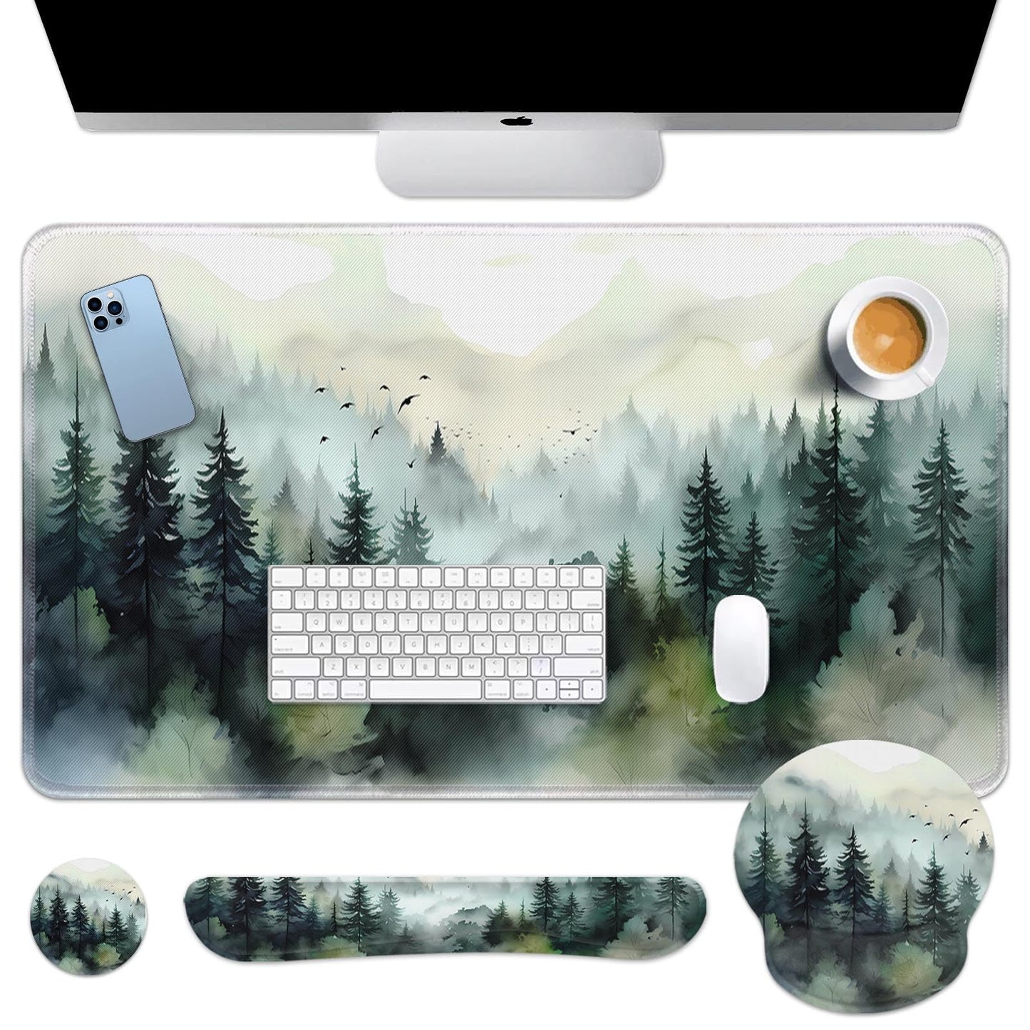 Britimes Keyboard Mouse Pad Set, 4 in 1 Desk Mat Set, Mountain Forest