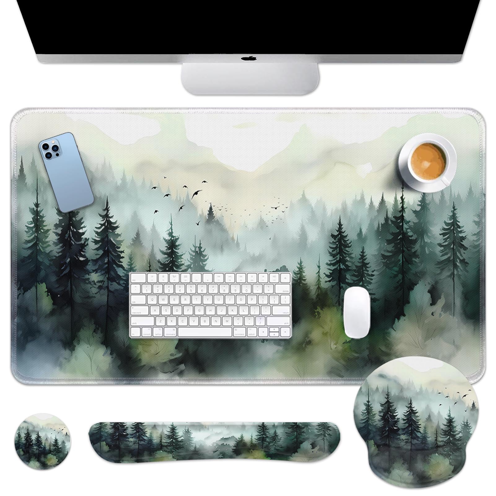 Britimes Keyboard Mouse Pad Set, 4 in 1 Desk Mat Set, Mountain Forest