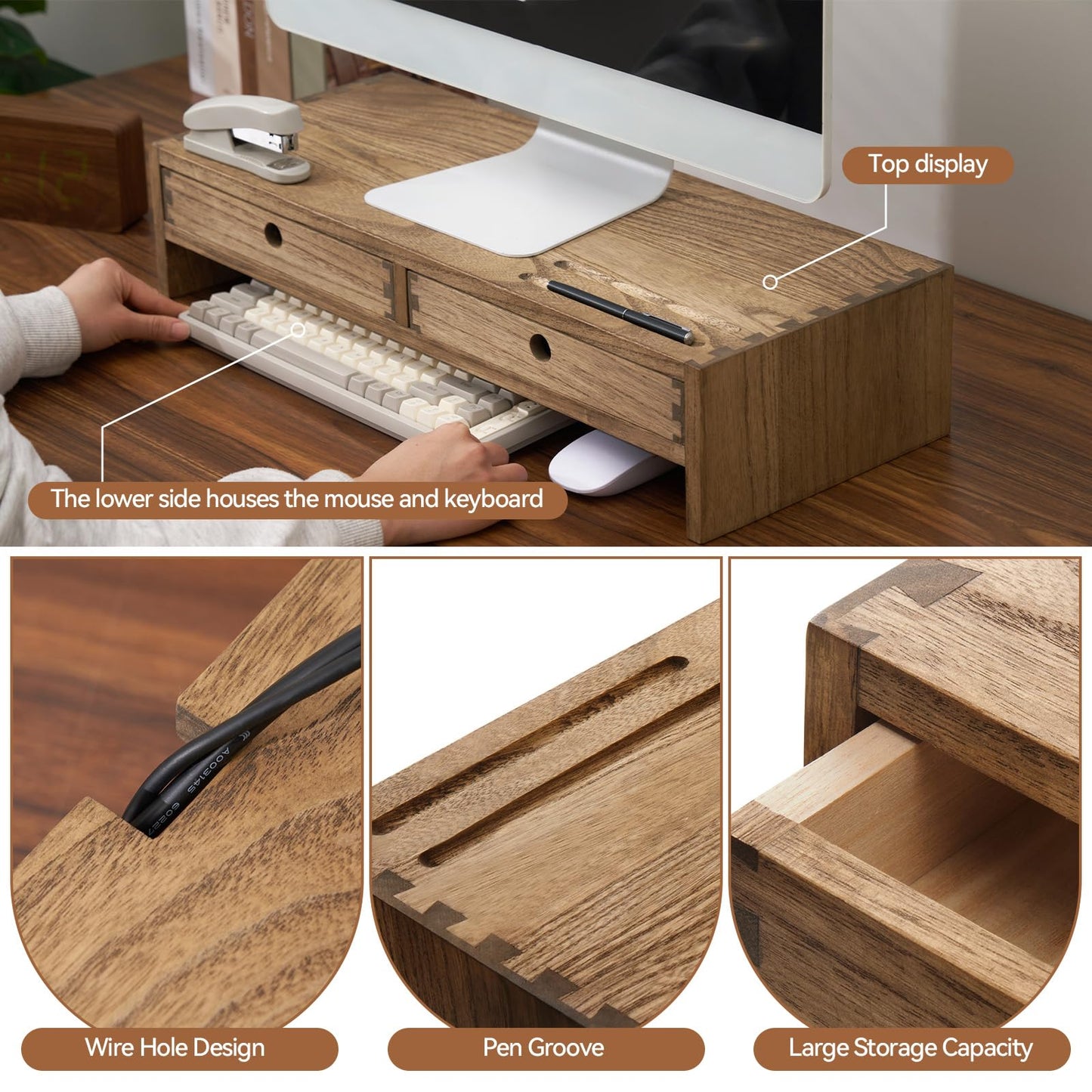 KIRIGEN Solid Wood Monitor Stand with 2 Drawers, Desk Riser, Brown PMJ-DBR