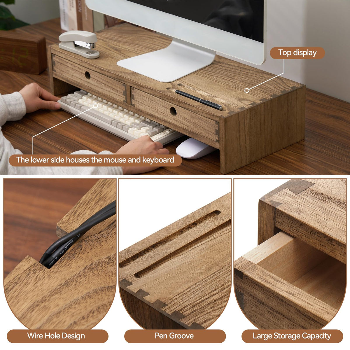 KIRIGEN Solid Wood Monitor Stand with 2 Drawers, Desk Riser, Brown PMJ-DBR