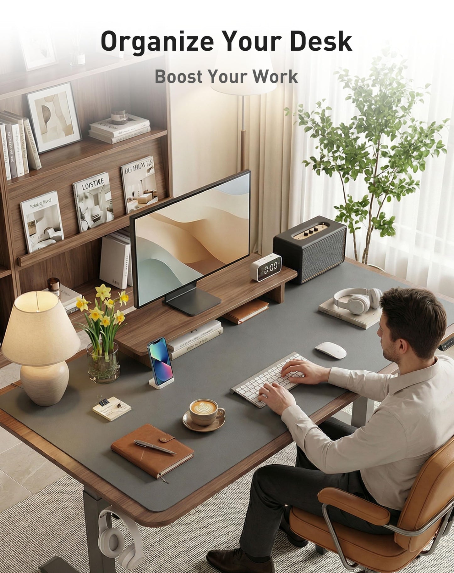 Aothia Faux Leather Desk Mat - Large Mouse Pad, Non-Slip PU Leather Blotter, Waterproof Writing