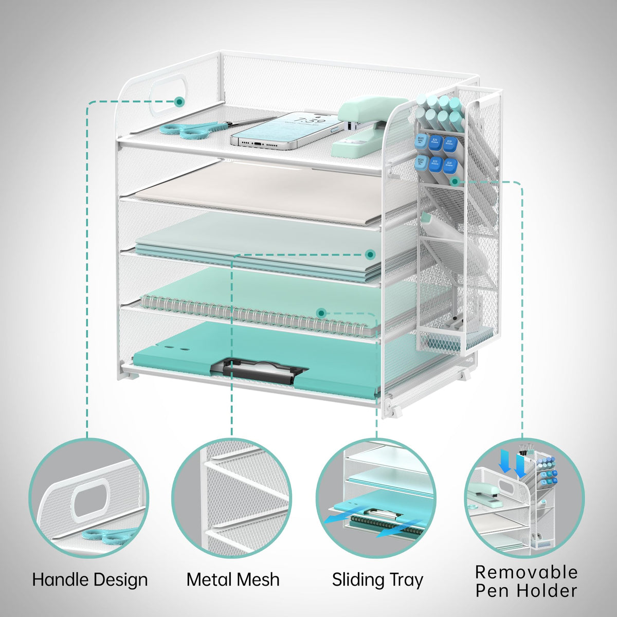 5-Tier Paper Organizer for Desk with Pen Holders, Letter Trays, White