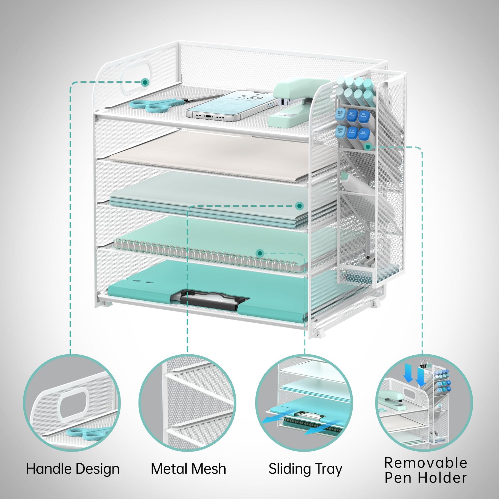 5-Tier Paper Organizer for Desk with Pen Holders, Letter Trays, White