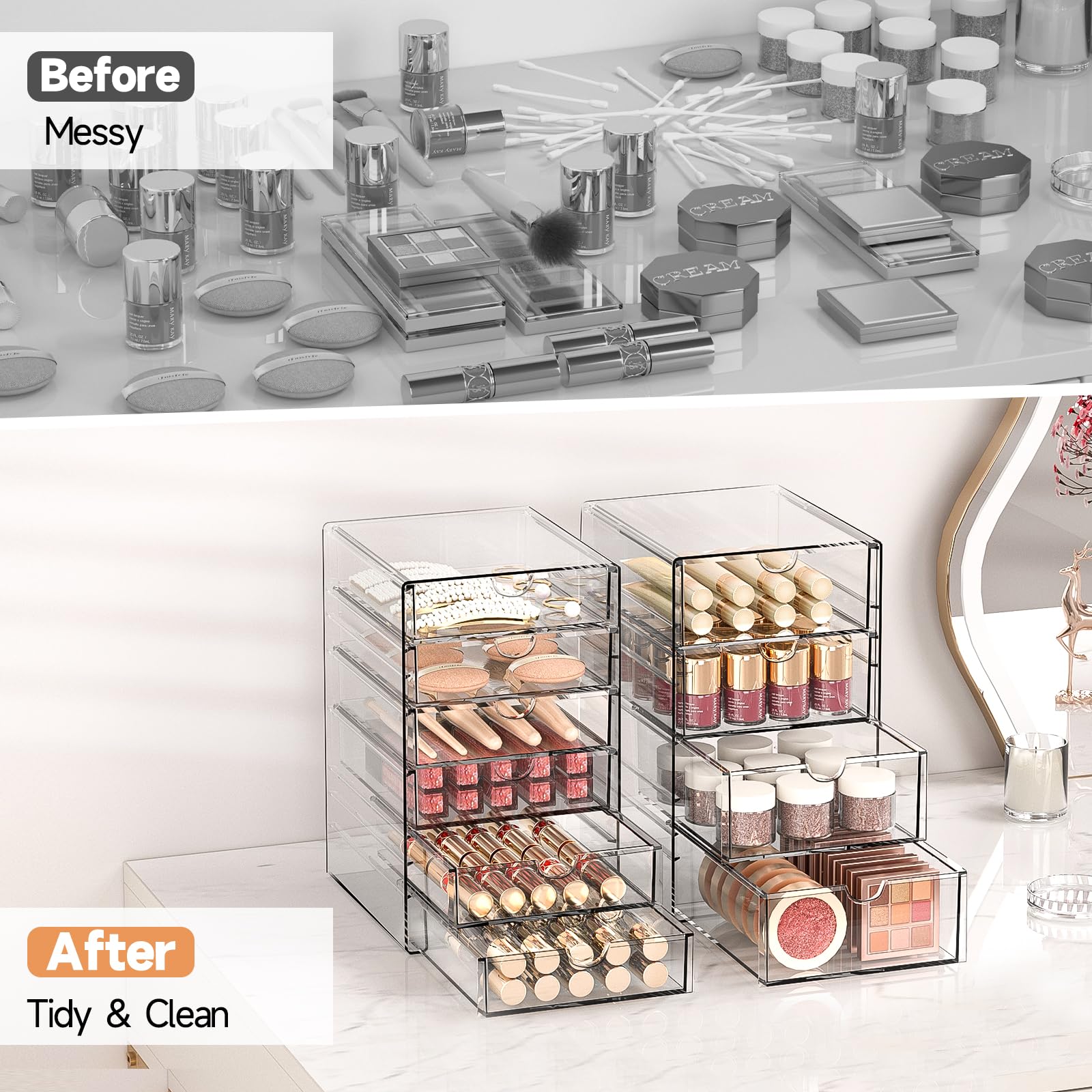 DOMNIU Acrylic Makeup Drawer Storage Organizer with 16 Drawers, 4 Set