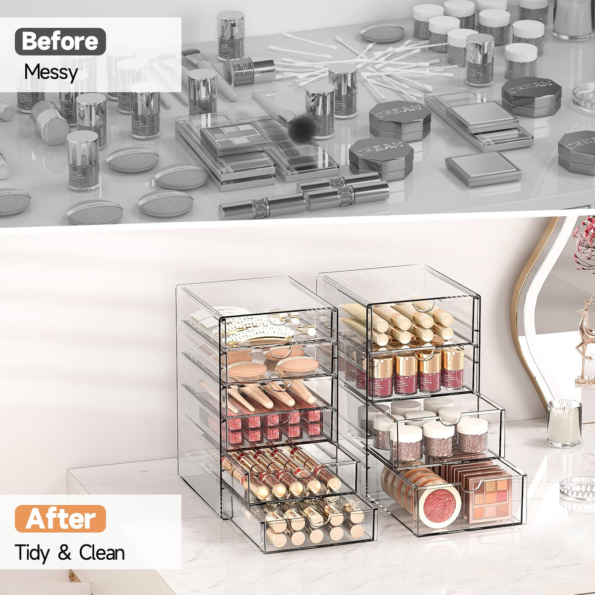 DOMNIU Acrylic Makeup Drawer Storage Organizer with 13 Drawers, 3 Set