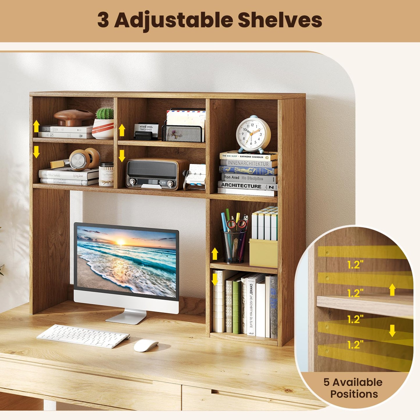 Giantex Desktop Bookshelf, Desk Hutch Dorm w/ 7 Cubes & 3 Adjustable Shelves, Desk Shelf for Up to