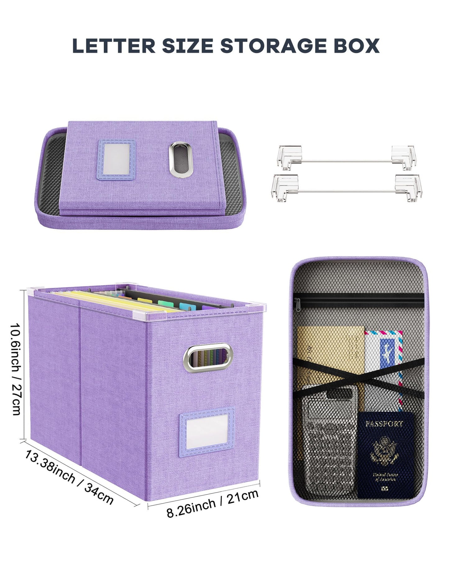 Oterri File Organizer Box with Lid, Hanging Filing File Box with Mesh Pocket, Document Organizer