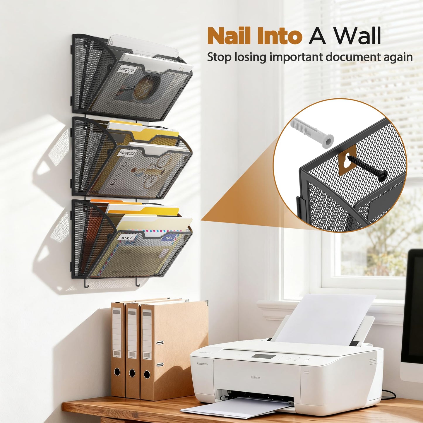 Docnest 3 Pack 3 Tier Mesh Wall File Holders with Hooks for Mail, Black