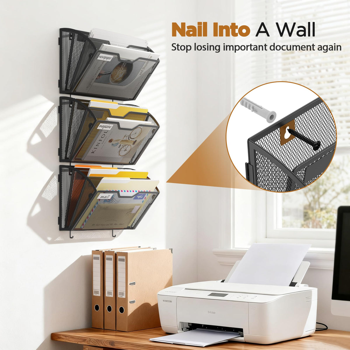 Docnest 3 Pack 3 Tier Mesh Wall File Holders with Hooks for Mail, Black