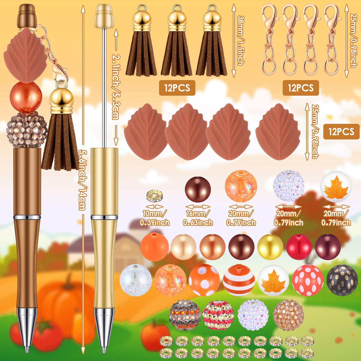 Teling 12 Sets Autumn Beadable Pens Fall Ballpoint Beaded Pen Craft