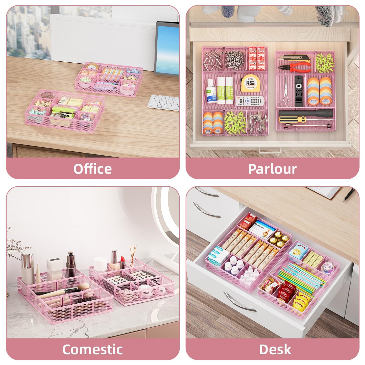 Marbrasse 2 Pack Desk Drawer Organizer, Mesh Drawer Organizer Tray with 8 Adjustable Compartments