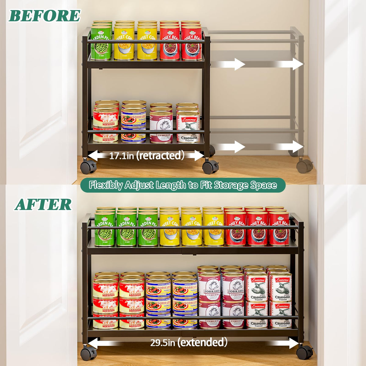 2-Tier Expandable Rolling Pantry Cart with Wheels, Adjustable Floor Organizer for Kitchen Pantry