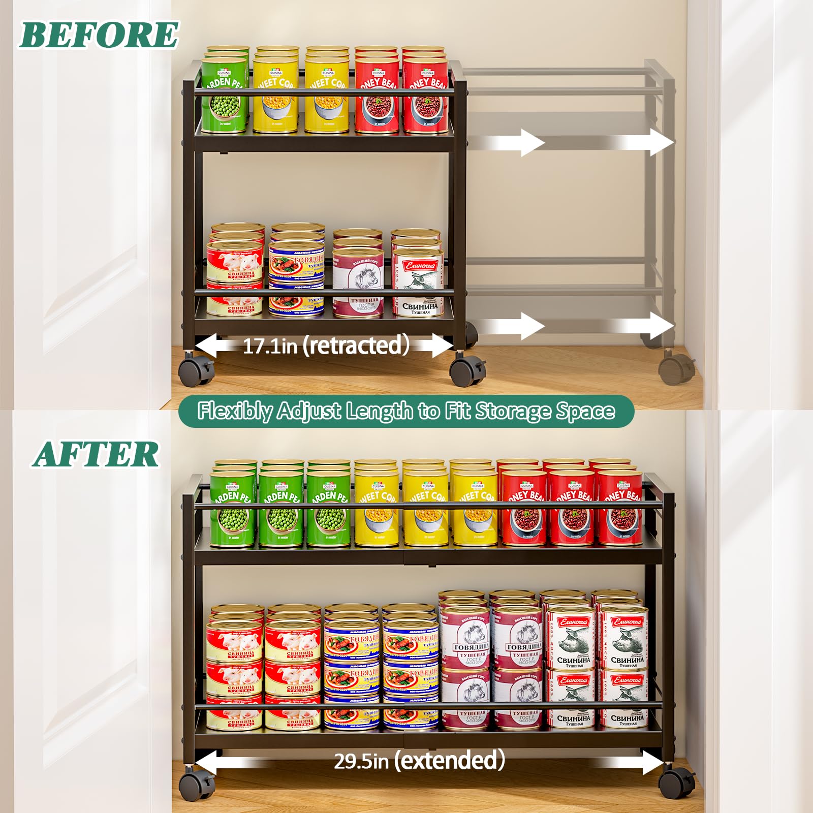 2-Tier Expandable Rolling Pantry Cart with Wheels, Adjustable Floor Organizer for Kitchen Pantry
