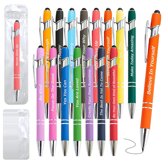 LUAVIARU 100 Piece Inspirational Pens Kit with Stylus Tip & Sayings – 50 Motivational Pen + 50