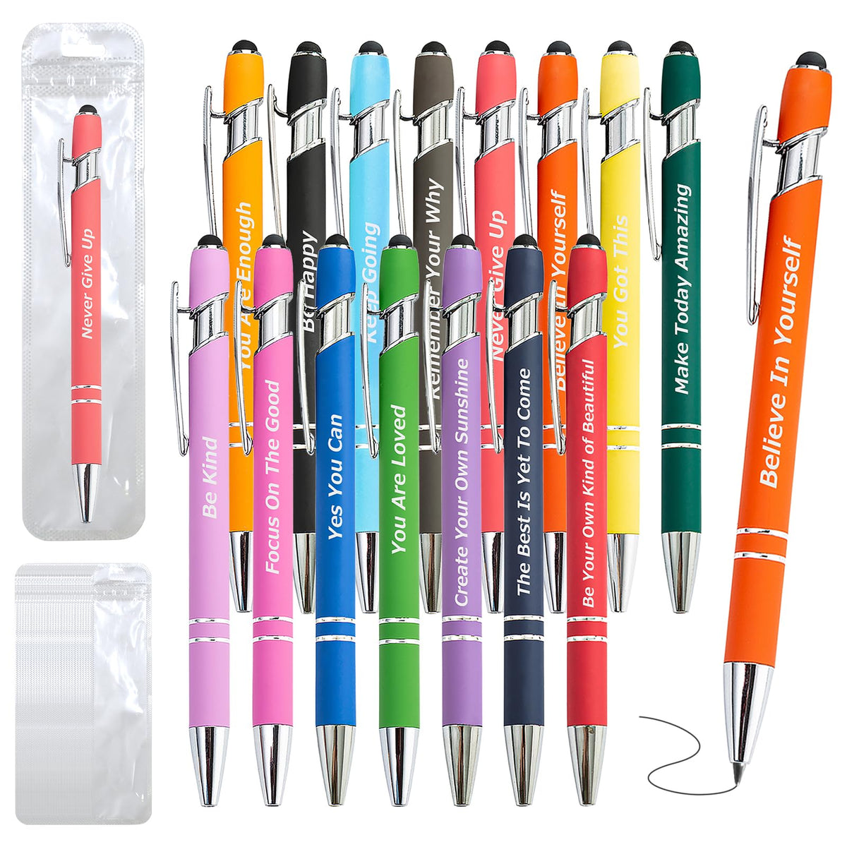 200 Piece Inspirational Pens Kit with Stylus Tip & Sayings – 100 Motivational Pen + 100 Individual