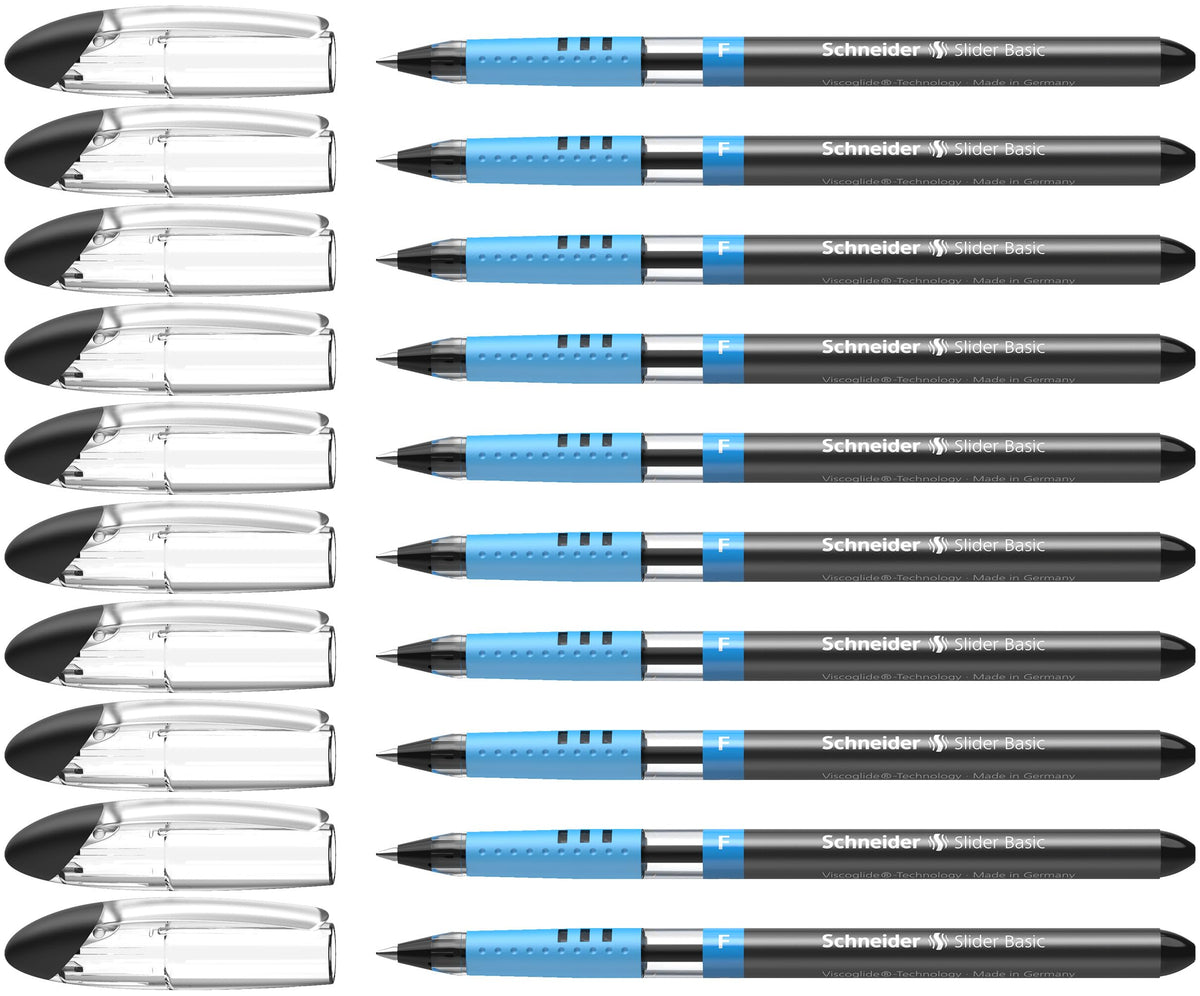 Schneider Slider Basic F (Fine) Ballpoint Pen, 0.7 mm, Transparent Barrel, Black Ink, Box of 10