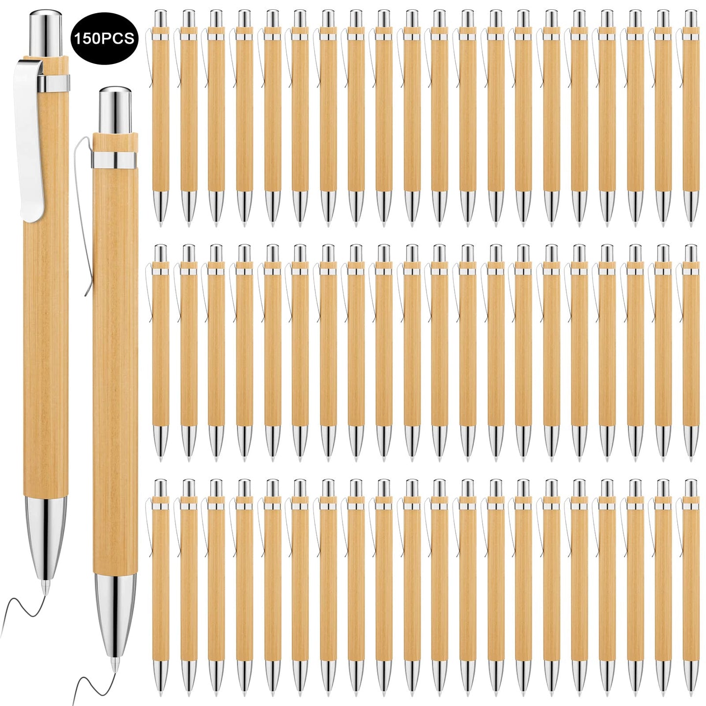 SATINIOR 150 Pcs Bamboo Pen Bulk Engraving Wooden Retractable Pen Ballpoint