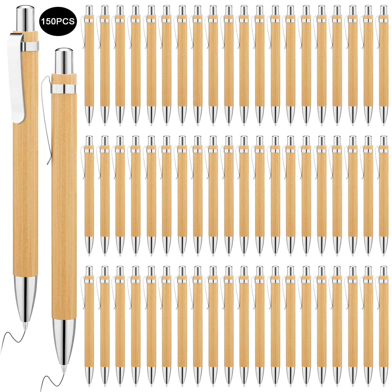 SATINIOR 150 Pcs Bamboo Pen Bulk Engraving Wooden Retractable Pen Ballpoint