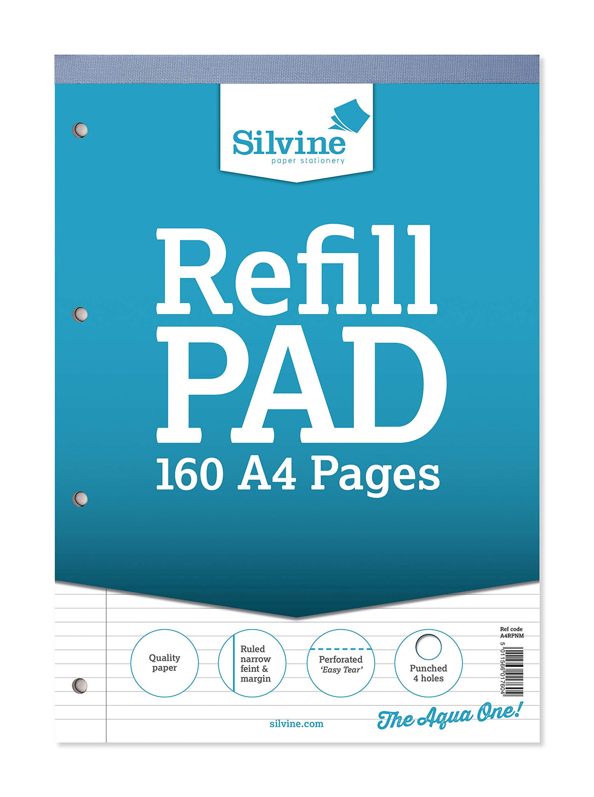 Silvine 160 Page A4 Refill Pad, Head Bound and Punched 4 Holes. Ruled Narrow Feint with Margin. Ref