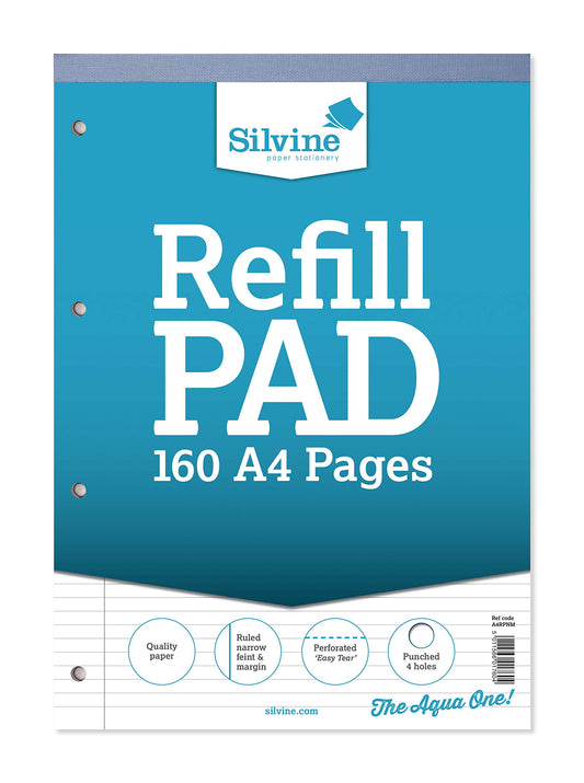 Silvine 160 Page A4 Refill Pad, Head Bound and Punched 4 Holes. Ruled Narrow Feint with Margin. Ref