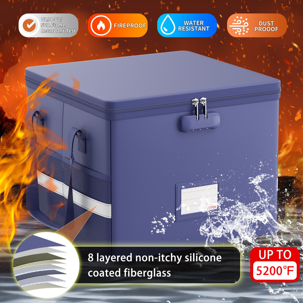 ENGPOW 5200°F File Box Fireproof Document Box with Lock,Heat Insulated Collapsible File Storage