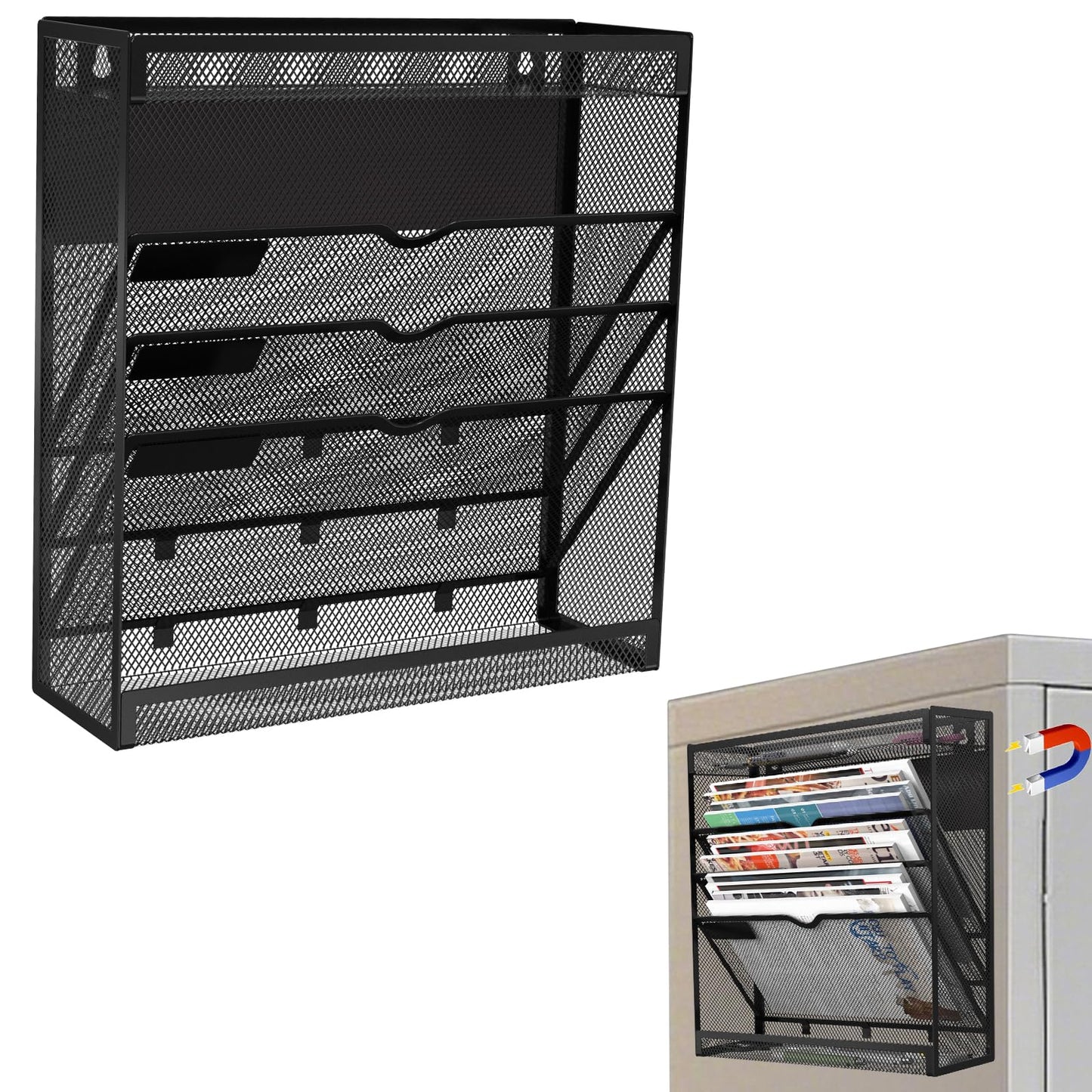 5 Tier Magnetic File Holder, No Drilling Wall File Organizer, Magazine Paper Mail Document