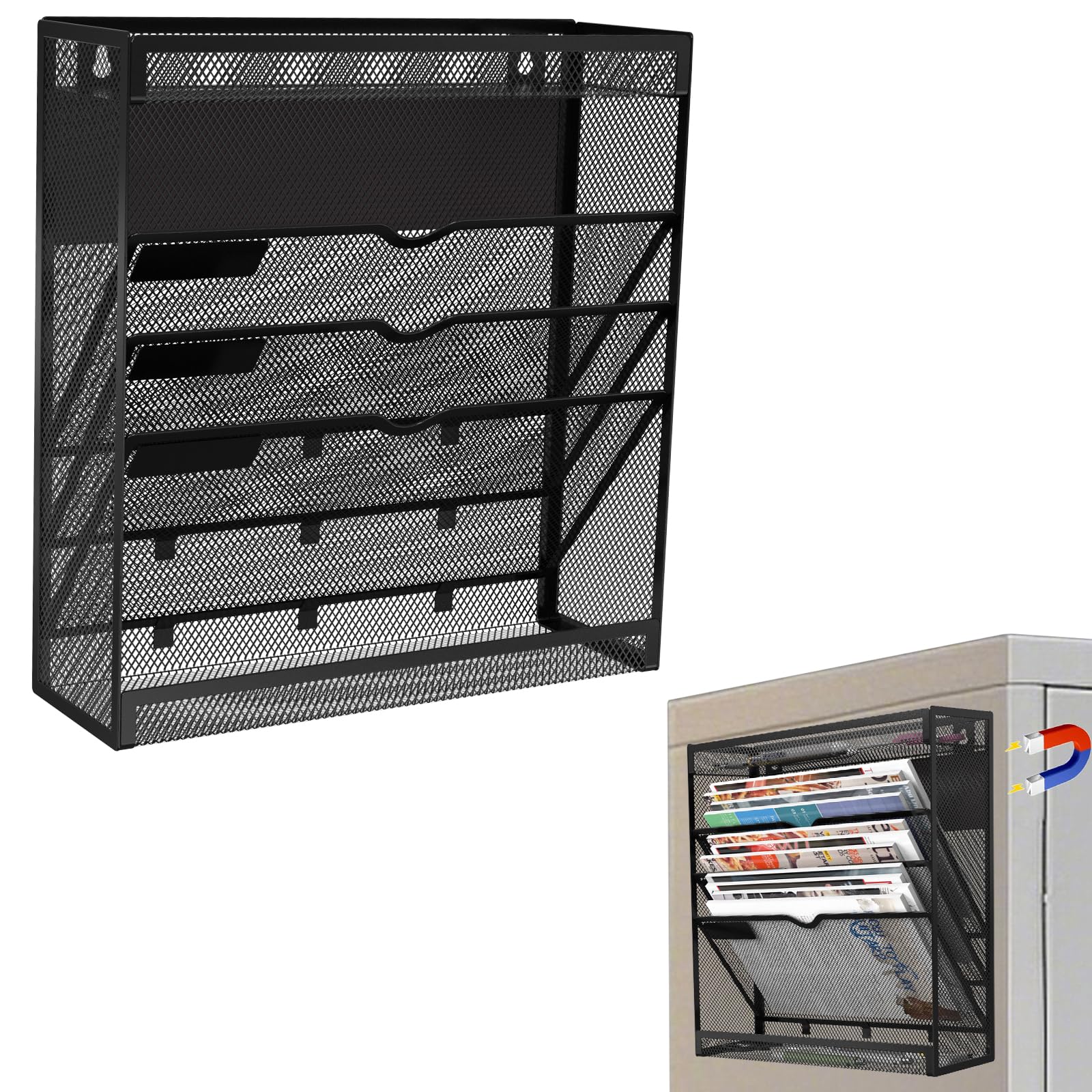 5 Tier Magnetic File Holder, No Drilling Wall File Organizer, Magazine Paper Mail Document