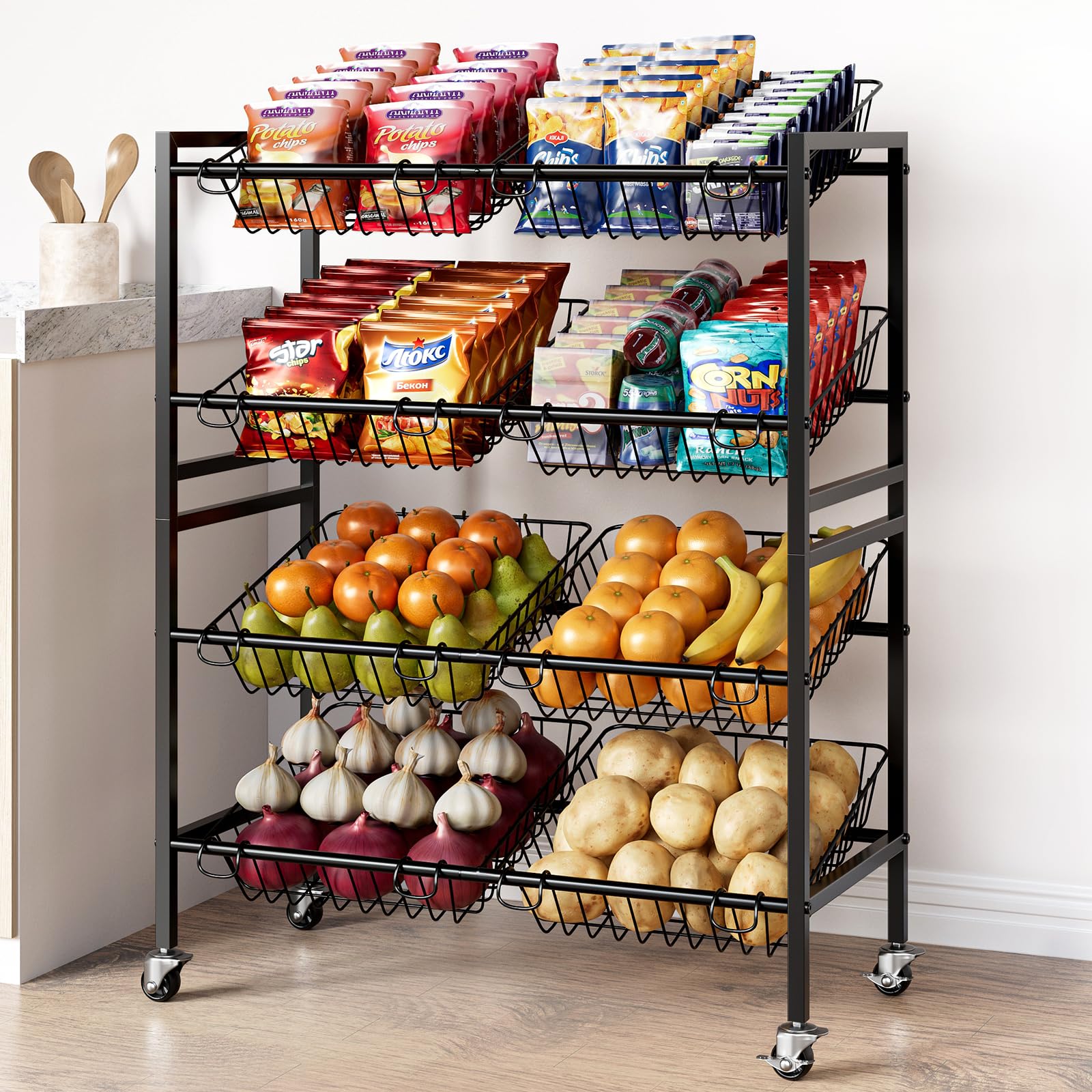Evermagin 25.2" W Kitchen Storage Cart, 4-Tier Snack Cart with Wheels