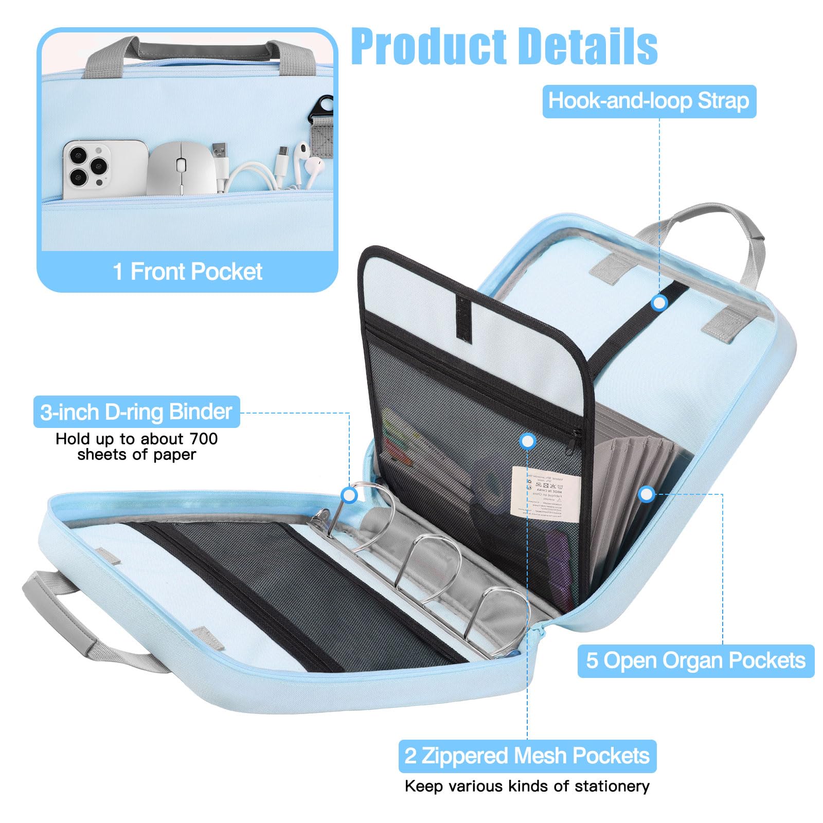 MoKo Zipper Binder, 3 Inch 3 D Ring, 5 Tab File Folders, 700 Sheets, Blue