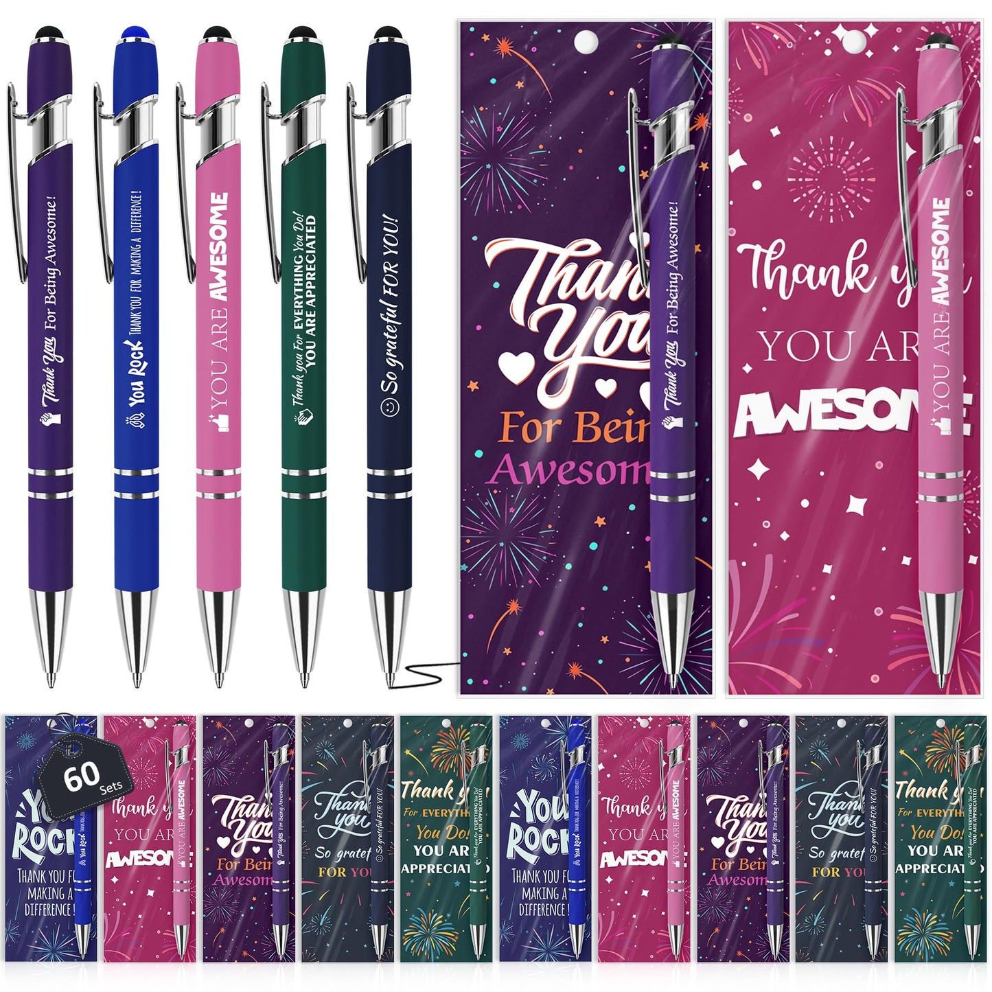 60 Sets Christmas Employee Appreciation Gifts Ballpoint Pens Bulk Black Ink Stylus Caps Bookmarks